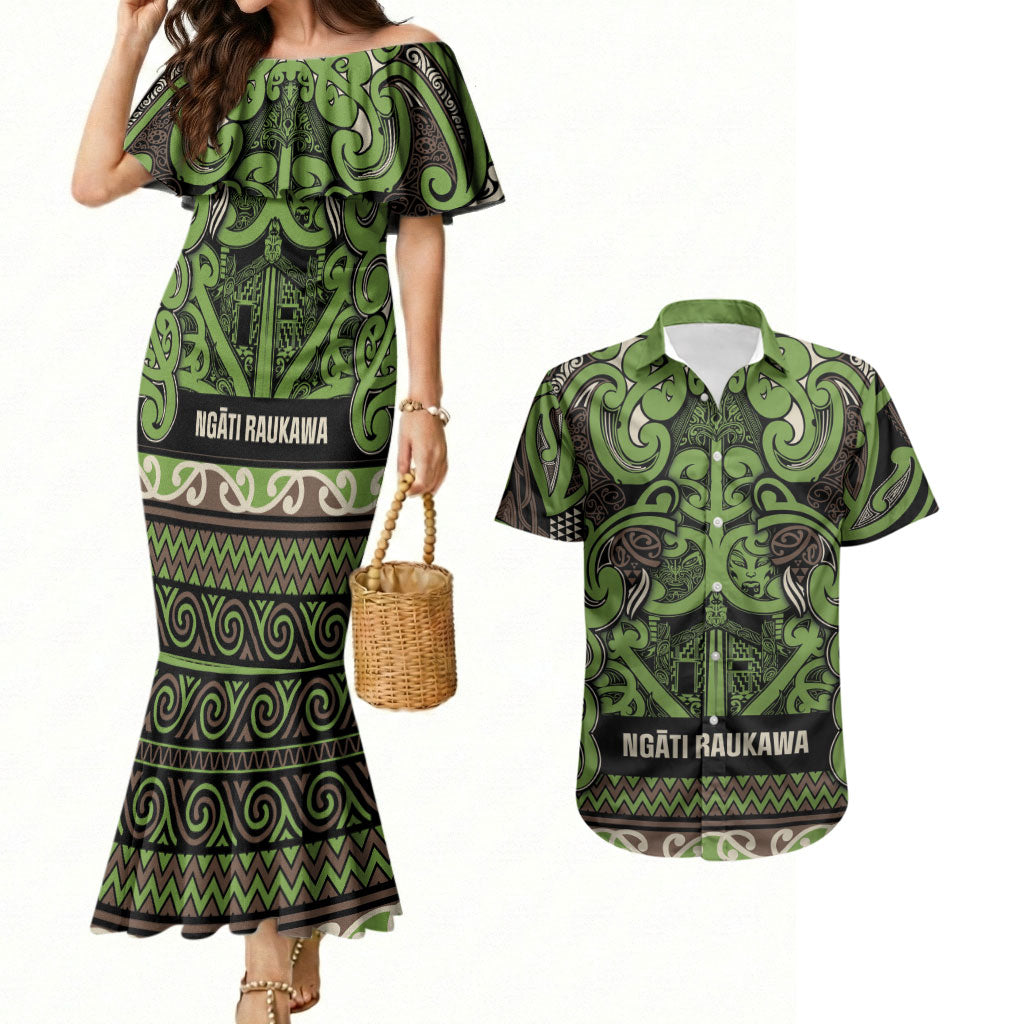 Aotearoa Iwi Ngati Raukawa Couples Matching Mermaid Dress and Hawaiian Shirt Maori Wharenui House Tribal Pattern