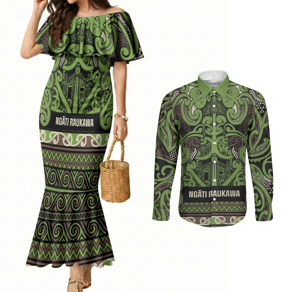 Aotearoa Iwi Ngati Raukawa Couples Matching Mermaid Dress and Long Sleeve Button Shirt Maori Wharenui House Tribal Pattern