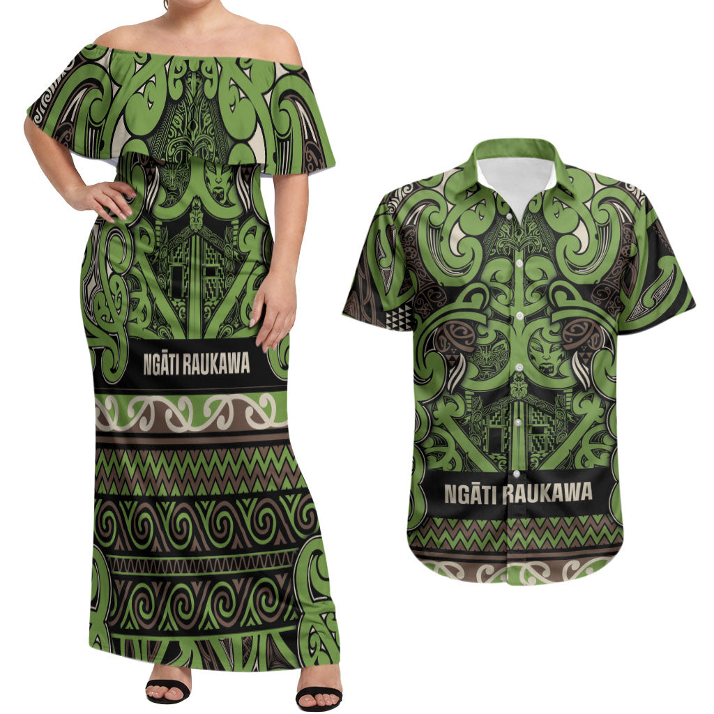 Aotearoa Iwi Ngati Raukawa Couples Matching Off Shoulder Maxi Dress and Hawaiian Shirt Maori Wharenui House Tribal Pattern