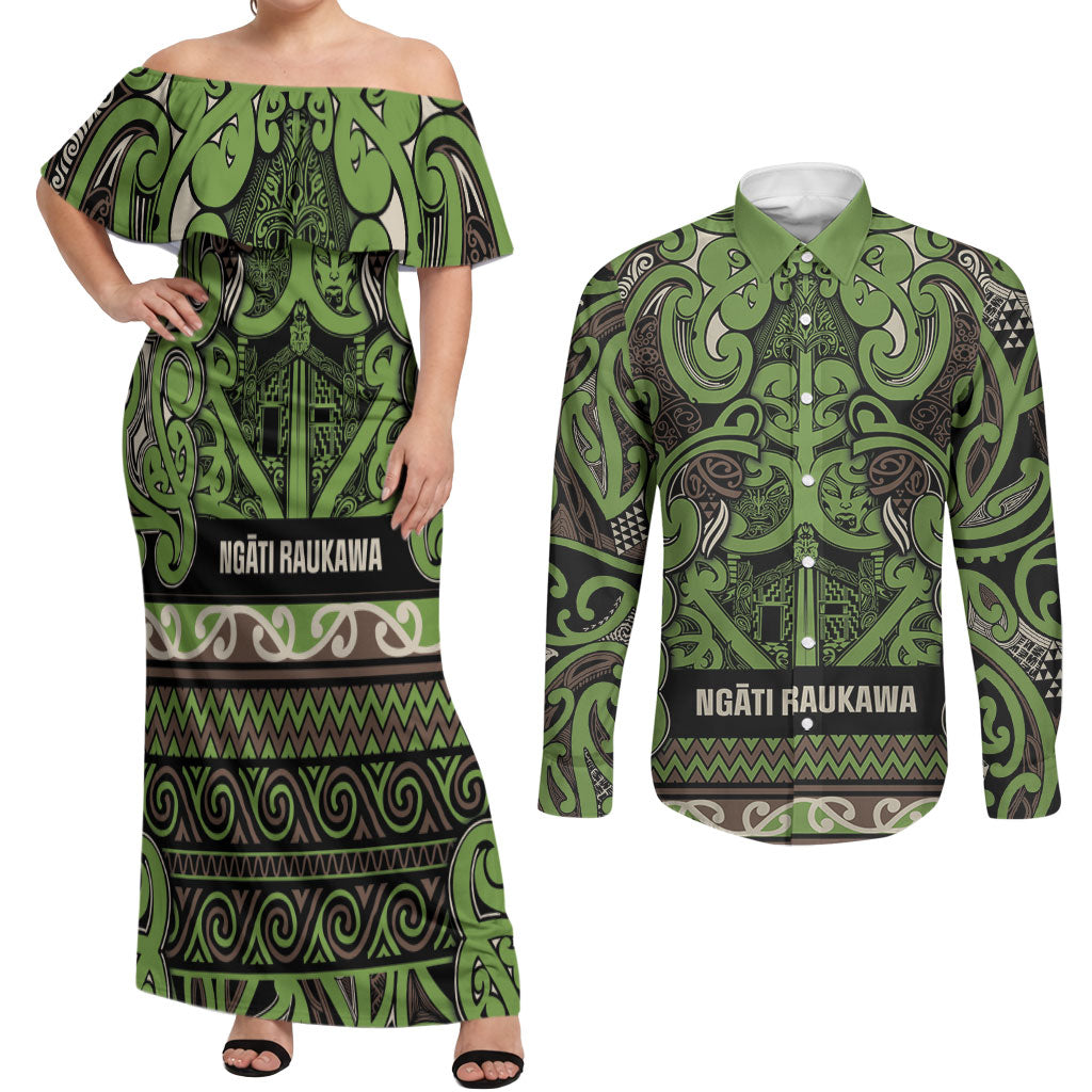 Aotearoa Iwi Ngati Raukawa Couples Matching Off Shoulder Maxi Dress and Long Sleeve Button Shirt Maori Wharenui House Tribal Pattern