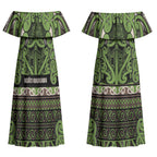 Aotearoa Iwi Ngati Raukawa Couples Matching Off Shoulder Maxi Dress and Long Sleeve Button Shirt Maori Wharenui House Tribal Pattern