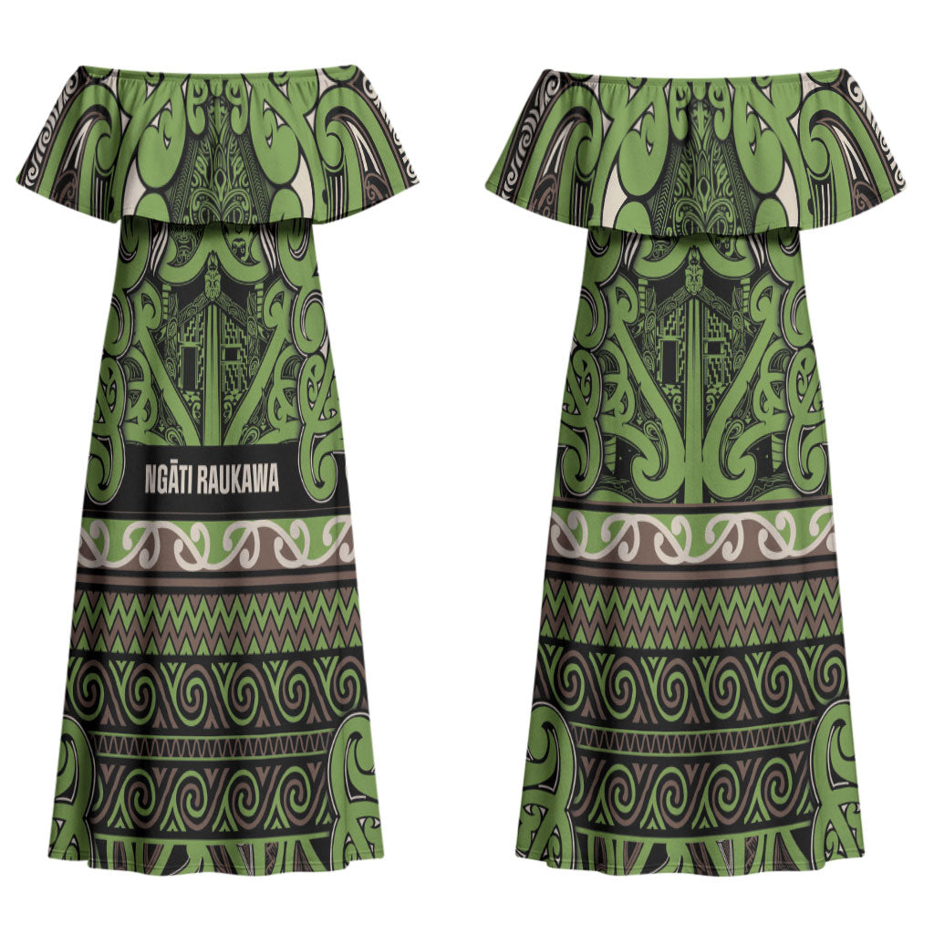 Aotearoa Iwi Ngati Raukawa Couples Matching Off Shoulder Maxi Dress and Long Sleeve Button Shirt Maori Wharenui House Tribal Pattern