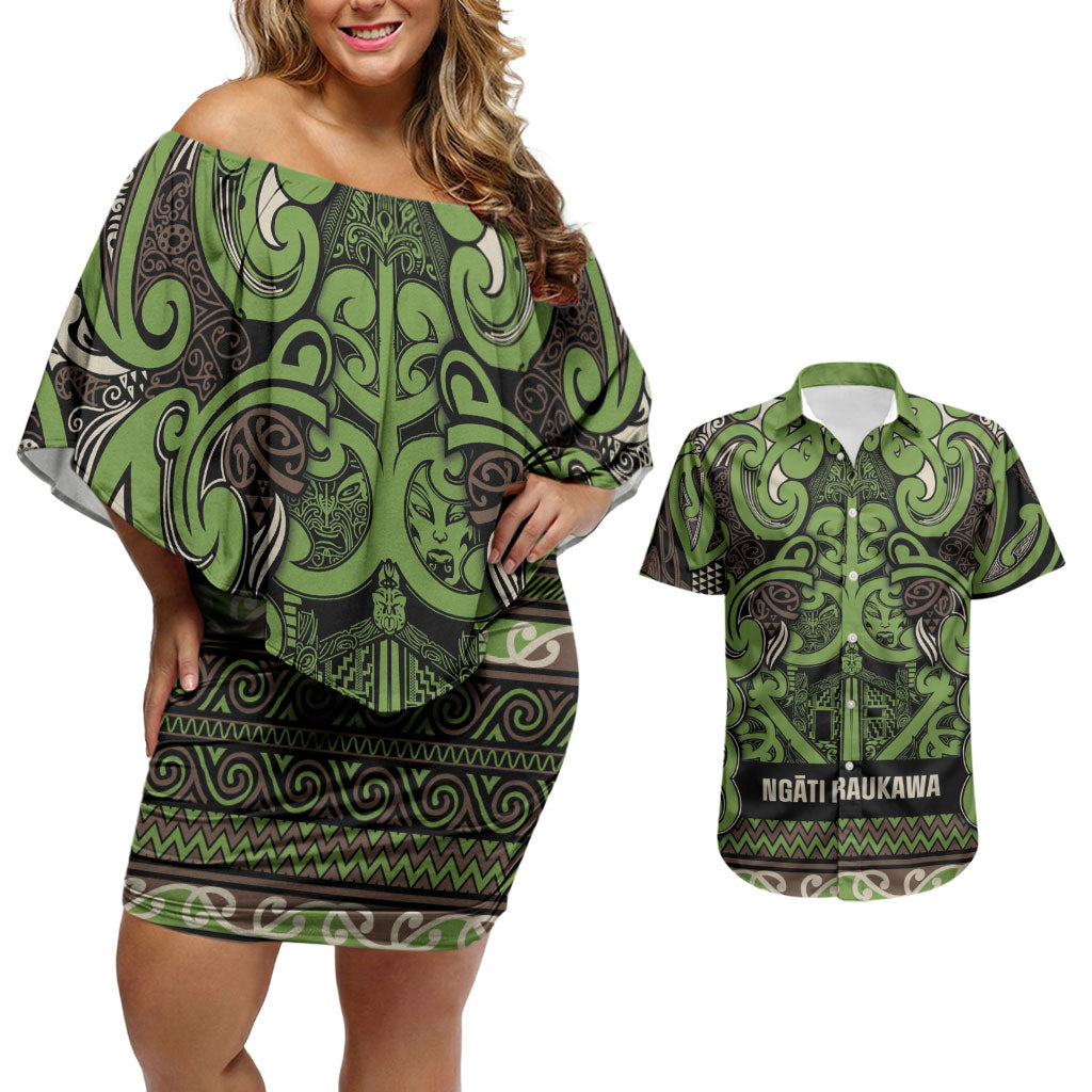 Aotearoa Iwi Ngati Raukawa Couples Matching Off Shoulder Short Dress and Hawaiian Shirt Maori Wharenui House Tribal Pattern