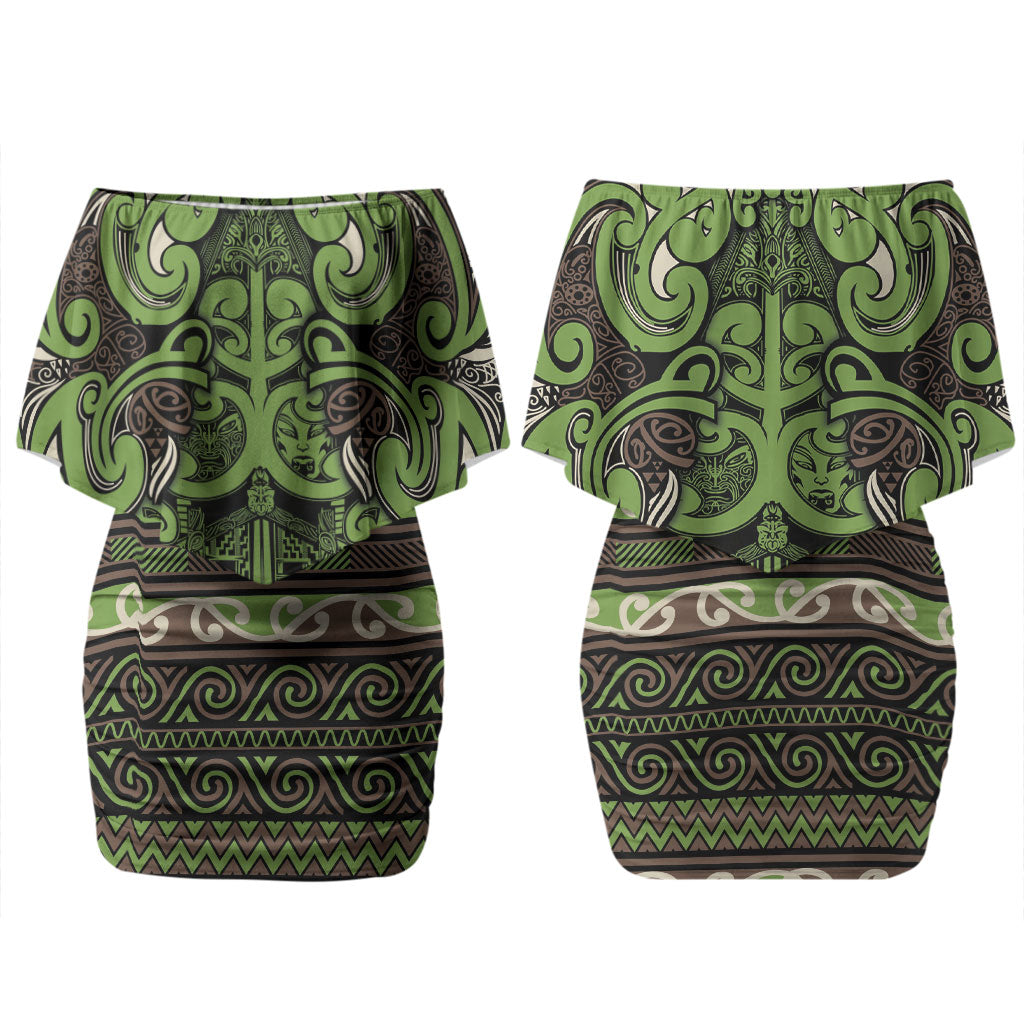 Aotearoa Iwi Ngati Raukawa Couples Matching Off Shoulder Short Dress and Hawaiian Shirt Maori Wharenui House Tribal Pattern