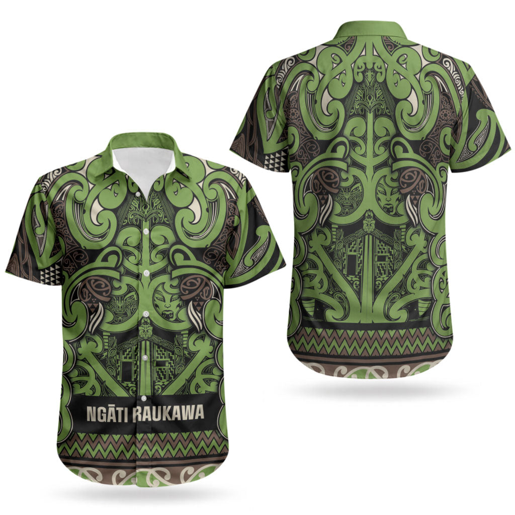 Aotearoa Iwi Ngati Raukawa Couples Matching Off Shoulder Short Dress and Hawaiian Shirt Maori Wharenui House Tribal Pattern