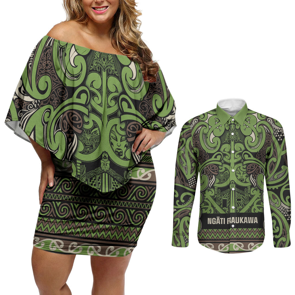 Aotearoa Iwi Ngati Raukawa Couples Matching Off Shoulder Short Dress and Long Sleeve Button Shirt Maori Wharenui House Tribal Pattern