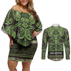 Aotearoa Iwi Ngati Raukawa Couples Matching Off Shoulder Short Dress and Long Sleeve Button Shirt Maori Wharenui House Tribal Pattern
