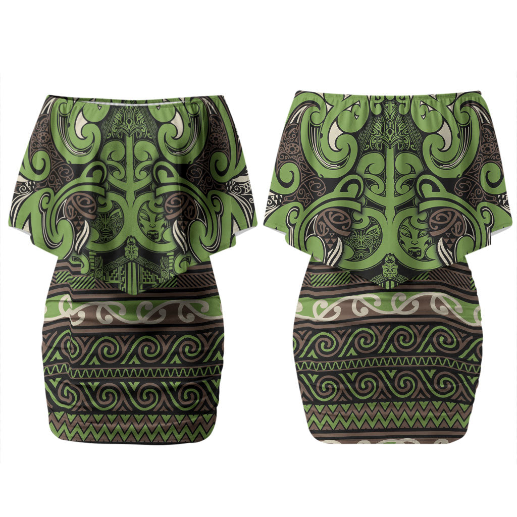 Aotearoa Iwi Ngati Raukawa Couples Matching Off Shoulder Short Dress and Long Sleeve Button Shirt Maori Wharenui House Tribal Pattern