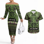 Aotearoa Iwi Ngati Raukawa Couples Matching Off The Shoulder Long Sleeve Dress and Hawaiian Shirt Maori Wharenui House Tribal Pattern