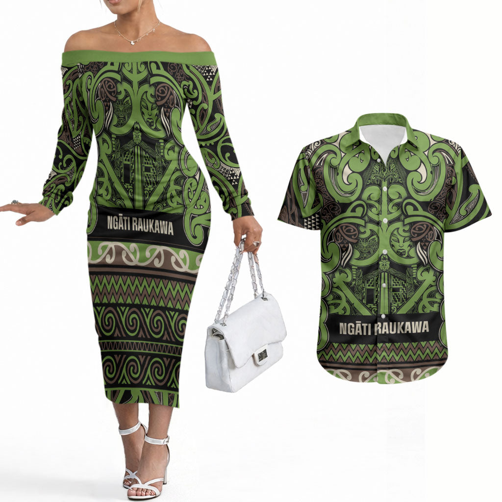 Aotearoa Iwi Ngati Raukawa Couples Matching Off The Shoulder Long Sleeve Dress and Hawaiian Shirt Maori Wharenui House Tribal Pattern