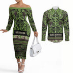 Aotearoa Iwi Ngati Raukawa Couples Matching Off The Shoulder Long Sleeve Dress and Long Sleeve Button Shirt Maori Wharenui House Tribal Pattern