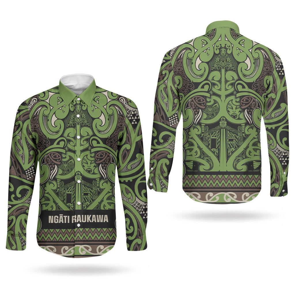 Aotearoa Iwi Ngati Raukawa Couples Matching Off The Shoulder Long Sleeve Dress and Long Sleeve Button Shirt Maori Wharenui House Tribal Pattern