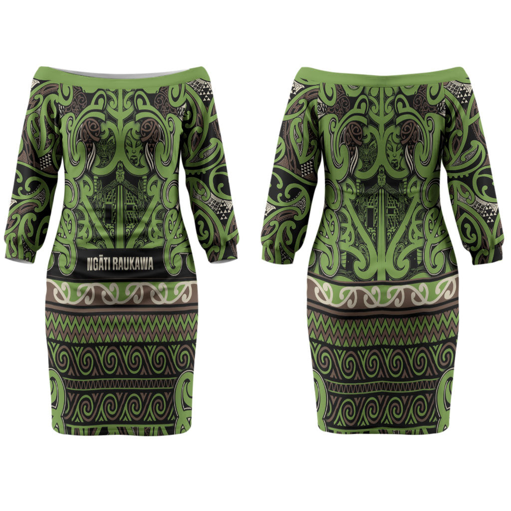 Aotearoa Iwi Ngati Raukawa Couples Matching Off The Shoulder Long Sleeve Dress and Long Sleeve Button Shirt Maori Wharenui House Tribal Pattern