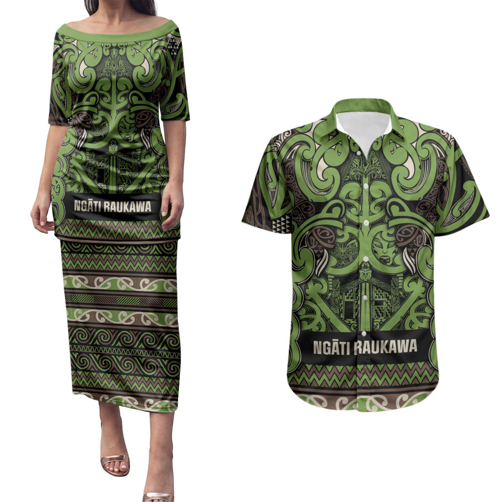 Aotearoa Iwi Ngati Raukawa Couples Matching Puletasi and Hawaiian Shirt Maori Wharenui House Tribal Pattern