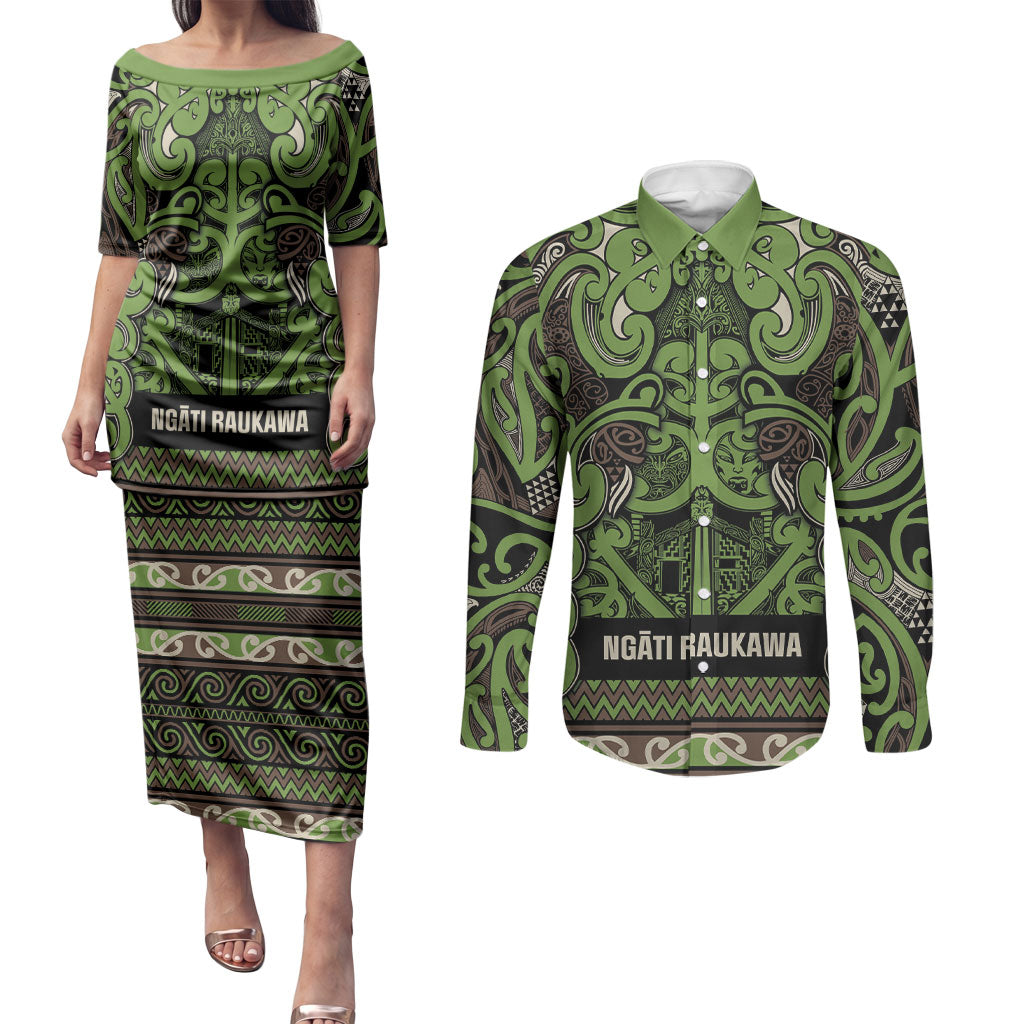 Aotearoa Iwi Ngati Raukawa Couples Matching Puletasi and Long Sleeve Button Shirt Maori Wharenui House Tribal Pattern