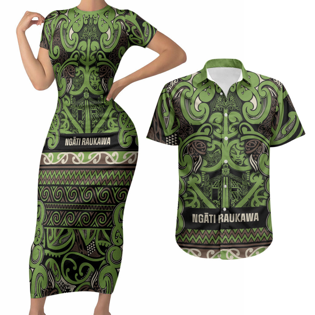 Aotearoa Iwi Ngati Raukawa Couples Matching Short Sleeve Bodycon Dress and Hawaiian Shirt Maori Wharenui House Tribal Pattern