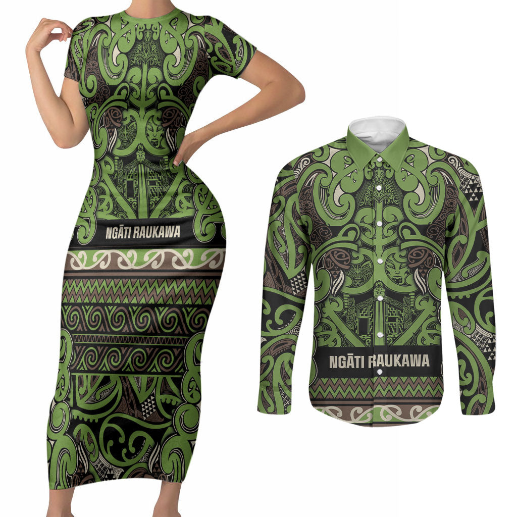 Aotearoa Iwi Ngati Raukawa Couples Matching Short Sleeve Bodycon Dress and Long Sleeve Button Shirt Maori Wharenui House Tribal Pattern