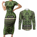 Aotearoa Iwi Ngati Raukawa Couples Matching Short Sleeve Bodycon Dress and Long Sleeve Button Shirt Maori Wharenui House Tribal Pattern