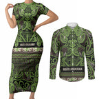 Aotearoa Iwi Ngati Raukawa Couples Matching Short Sleeve Bodycon Dress and Long Sleeve Button Shirt Maori Wharenui House Tribal Pattern