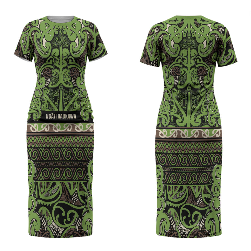 Aotearoa Iwi Ngati Raukawa Couples Matching Short Sleeve Bodycon Dress and Long Sleeve Button Shirt Maori Wharenui House Tribal Pattern