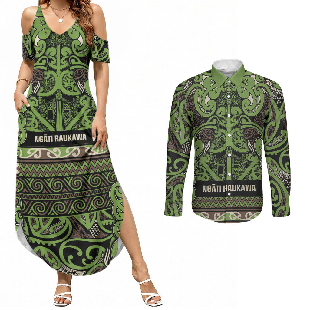 Aotearoa Iwi Ngati Raukawa Couples Matching Summer Maxi Dress and Long Sleeve Button Shirt Maori Wharenui House Tribal Pattern