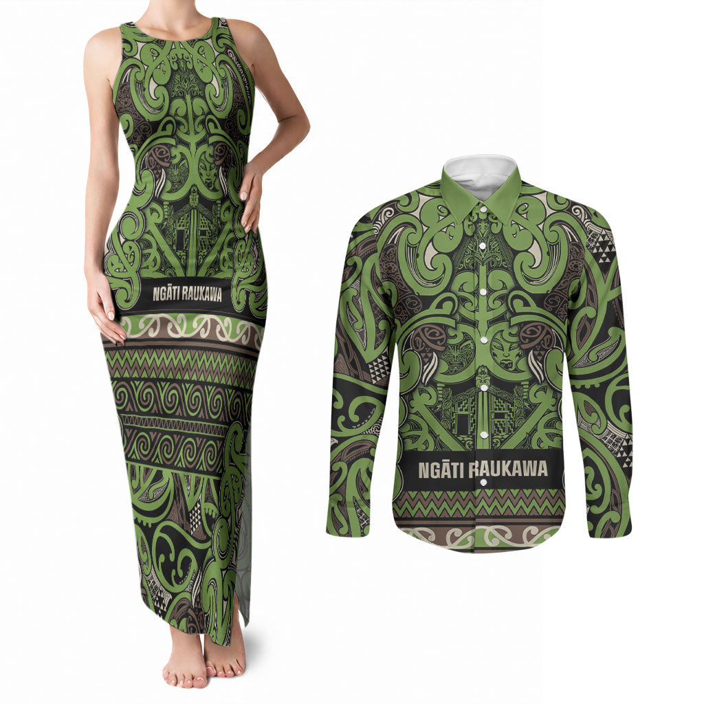Aotearoa Iwi Ngati Raukawa Couples Matching Tank Maxi Dress and Long Sleeve Button Shirt Maori Wharenui House Tribal Pattern