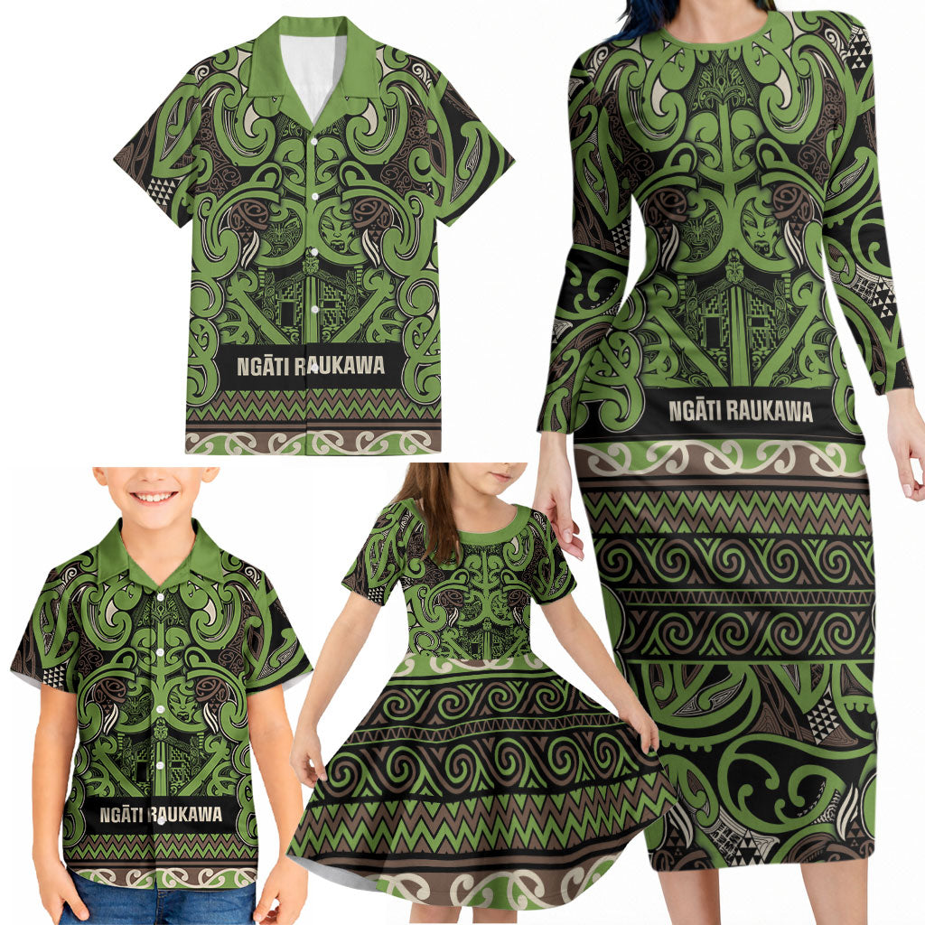 Aotearoa Iwi Ngati Raukawa Family Matching Long Sleeve Bodycon Dress and Hawaiian Shirt Maori Wharenui House Tribal Pattern