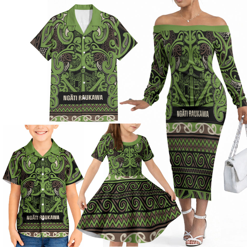 Aotearoa Iwi Ngati Raukawa Family Matching Off The Shoulder Long Sleeve Dress and Hawaiian Shirt Maori Wharenui House Tribal Pattern