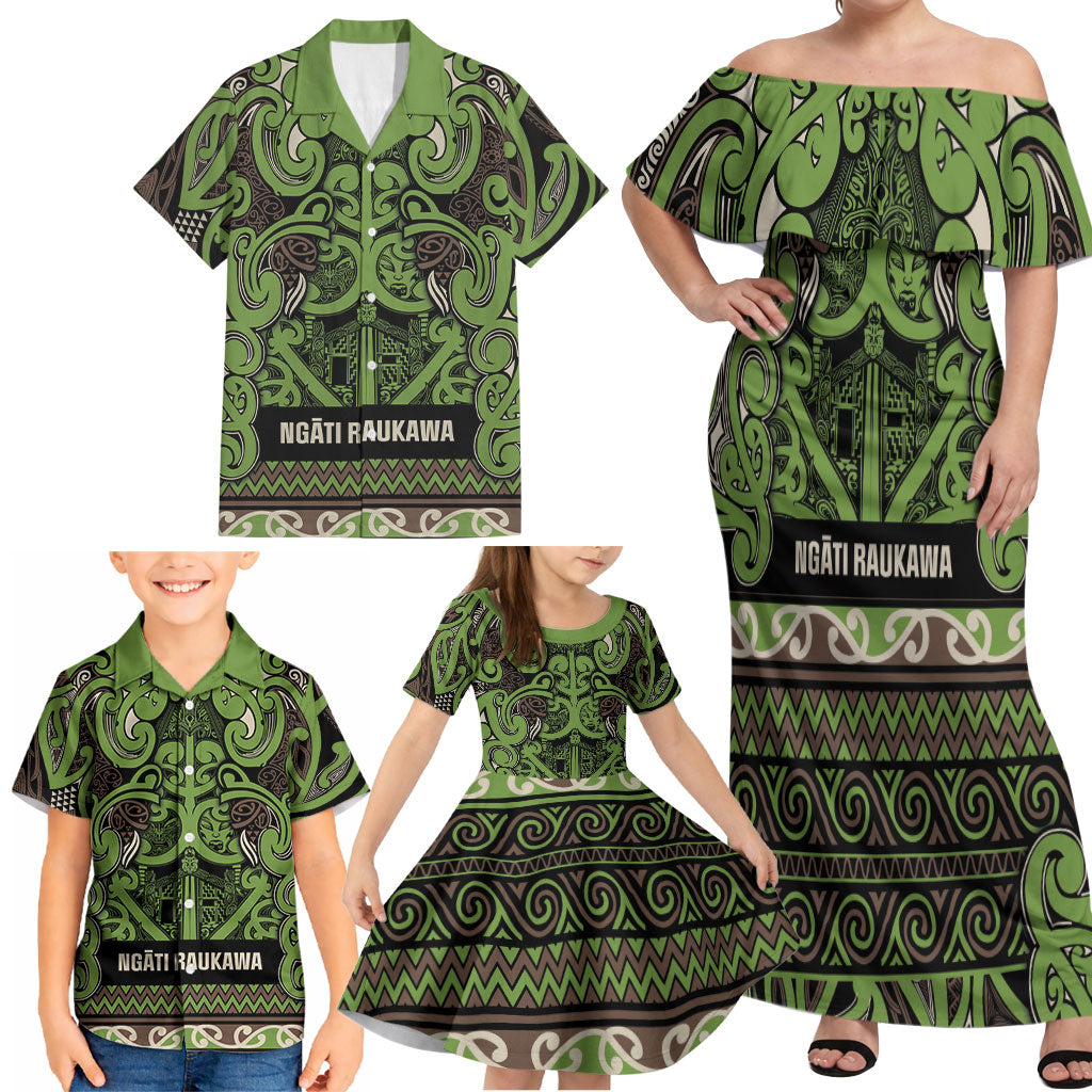 Aotearoa Iwi Ngati Raukawa Family Matching Off Shoulder Maxi Dress and Hawaiian Shirt Maori Wharenui House Tribal Pattern