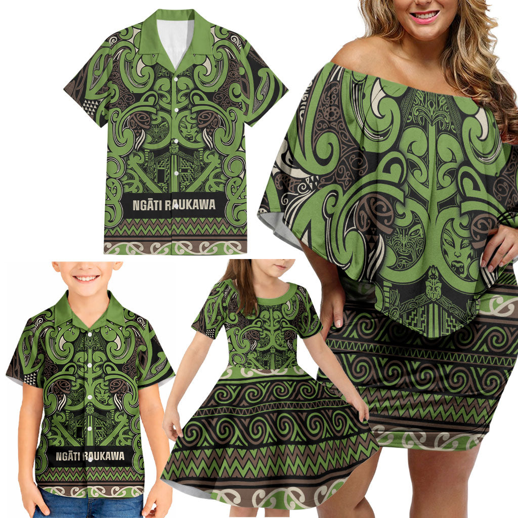 Aotearoa Iwi Ngati Raukawa Family Matching Off Shoulder Short Dress and Hawaiian Shirt Maori Wharenui House Tribal Pattern