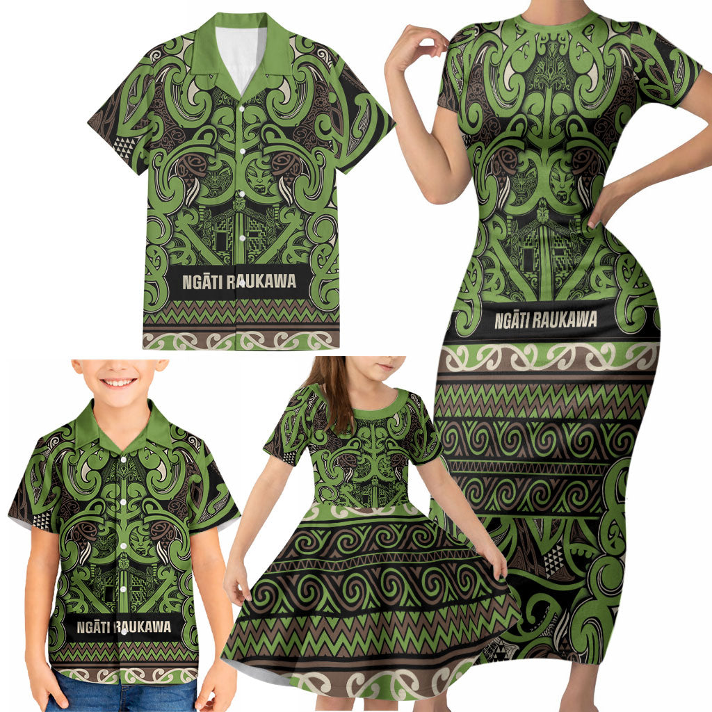 Aotearoa Iwi Ngati Raukawa Family Matching Short Sleeve Bodycon Dress and Hawaiian Shirt Maori Wharenui House Tribal Pattern
