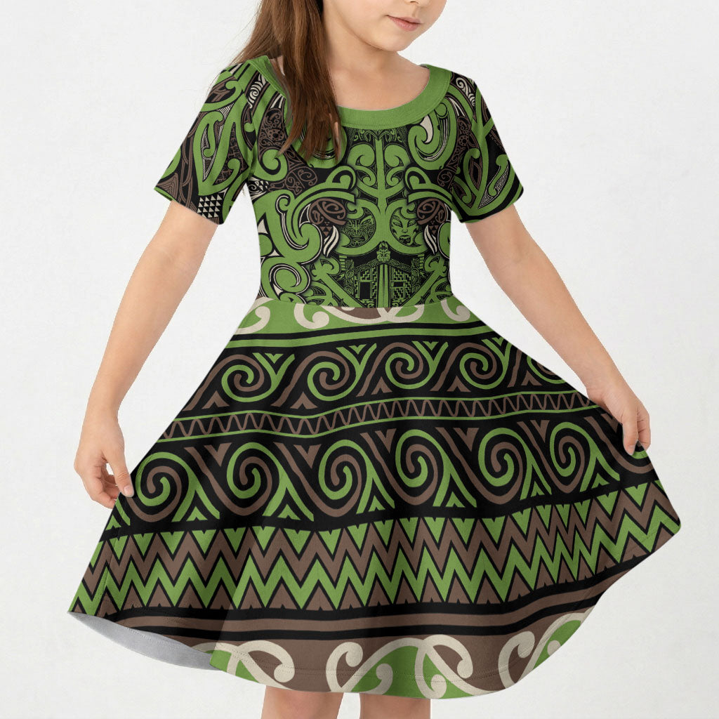 Aotearoa Iwi Ngati Raukawa Kid Short Sleeve Dress Maori Wharenui House Tribal Pattern