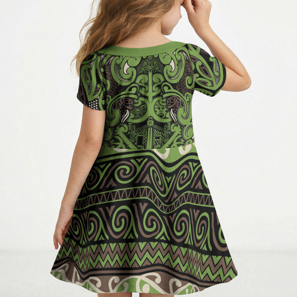 Aotearoa Iwi Ngati Raukawa Kid Short Sleeve Dress Maori Wharenui House Tribal Pattern