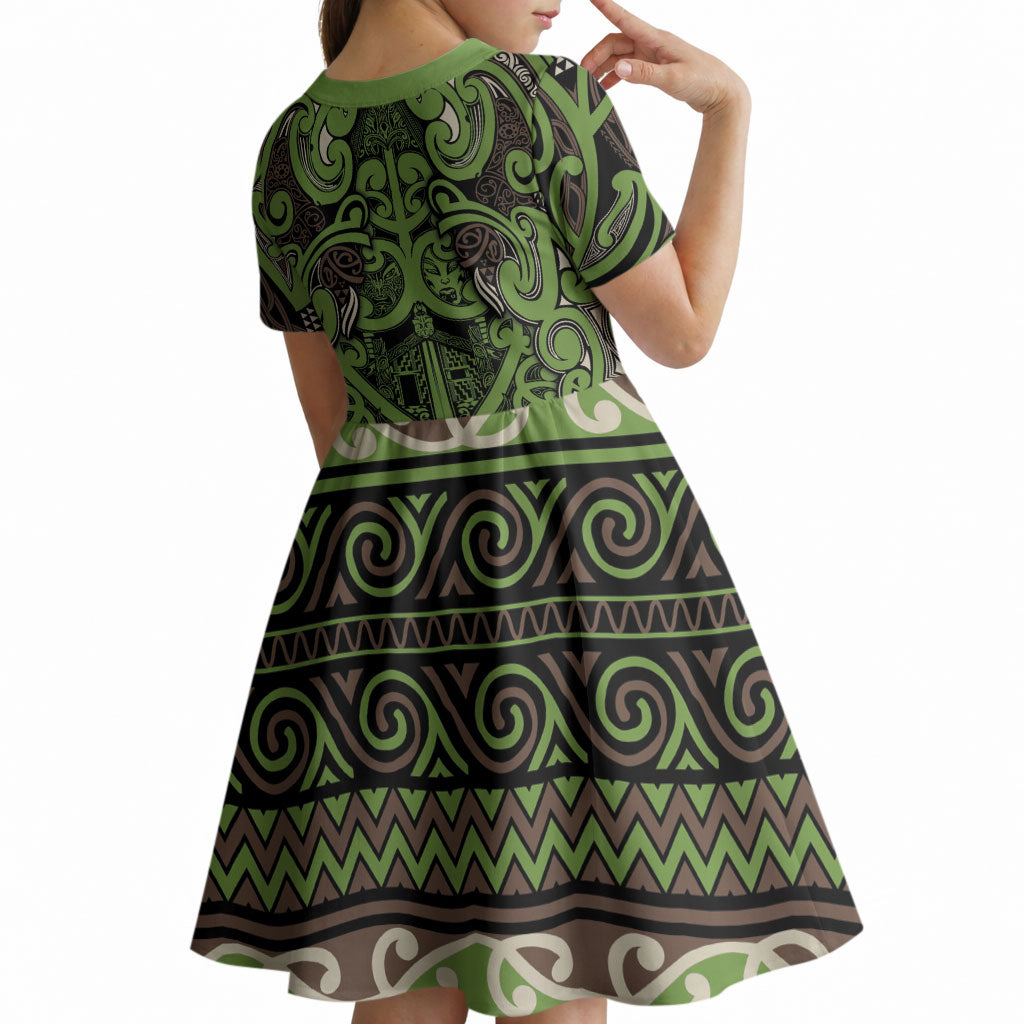 Aotearoa Iwi Ngati Raukawa Kid Short Sleeve Dress Maori Wharenui House Tribal Pattern