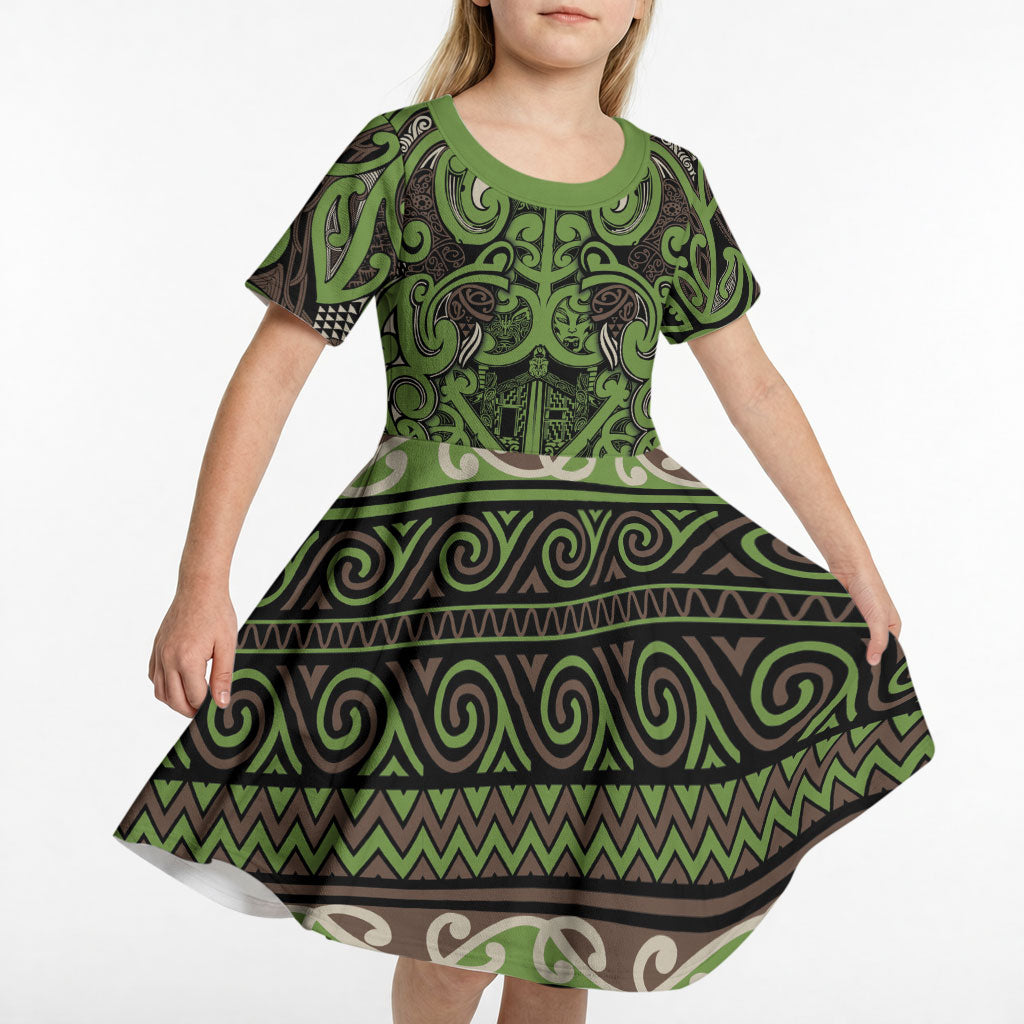 Aotearoa Iwi Ngati Raukawa Kid Short Sleeve Dress Maori Wharenui House Tribal Pattern