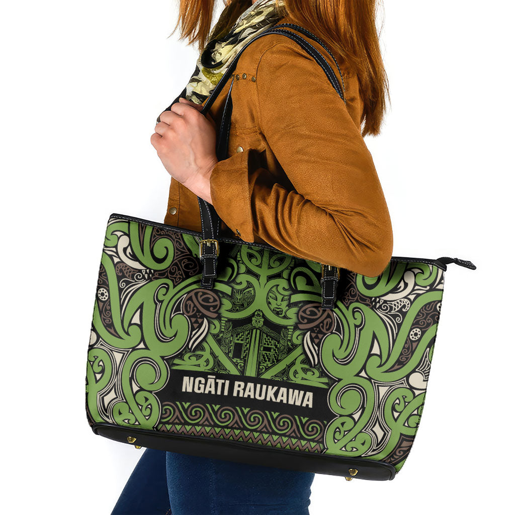 Aotearoa Iwi Ngati Raukawa Leather Tote Bag Maori Wharenui House Tribal Pattern