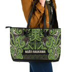 Aotearoa Iwi Ngati Raukawa Leather Tote Bag Maori Wharenui House Tribal Pattern