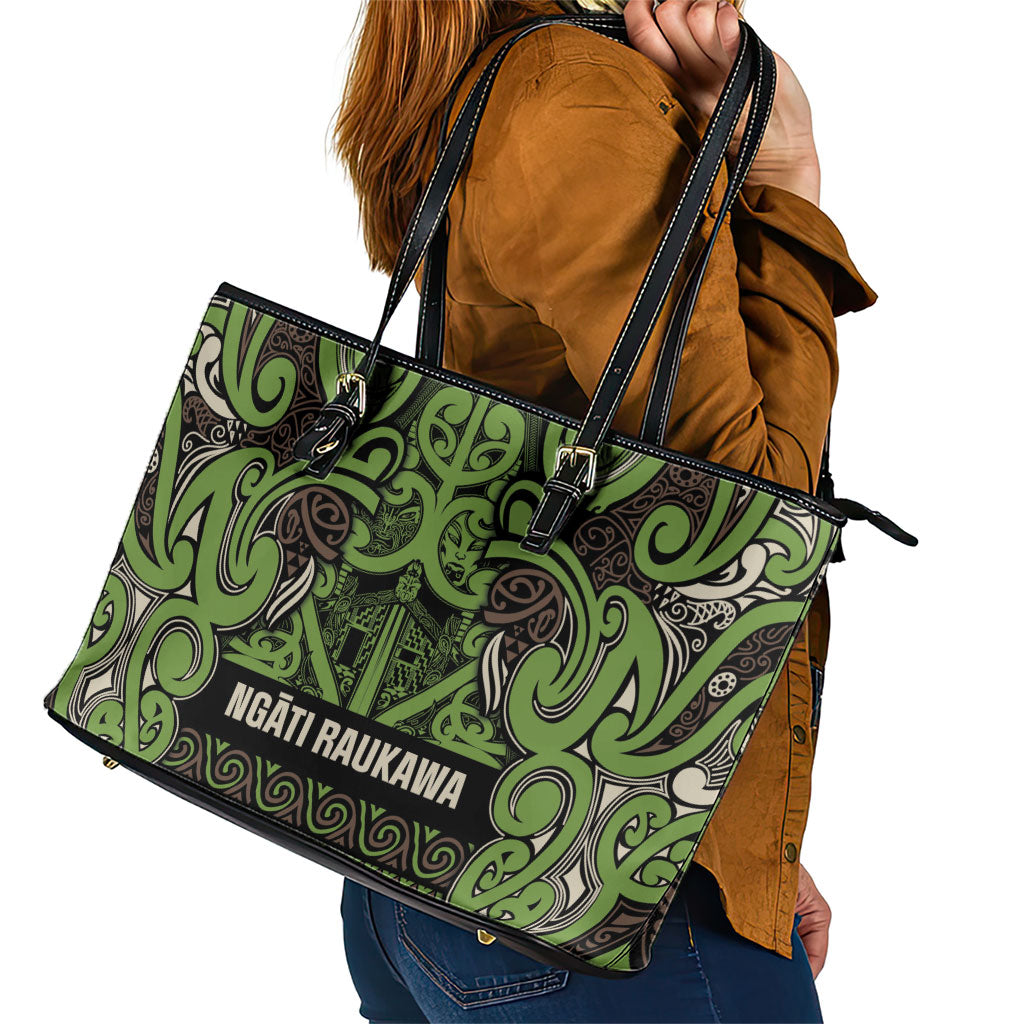 Aotearoa Iwi Ngati Raukawa Leather Tote Bag Maori Wharenui House Tribal Pattern