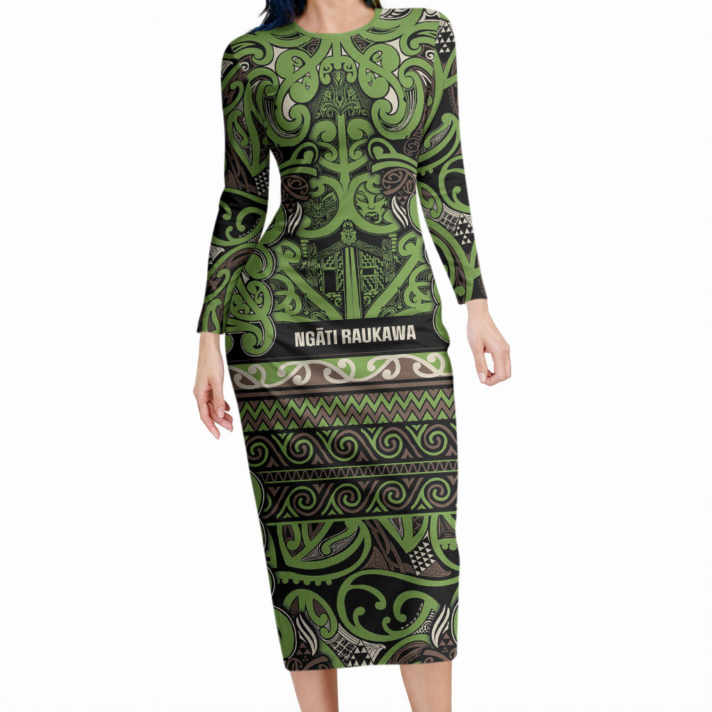 Aotearoa Iwi Ngati Raukawa Long Sleeve Bodycon Dress Maori Wharenui House Tribal Pattern