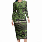 Aotearoa Iwi Ngati Raukawa Long Sleeve Bodycon Dress Maori Wharenui House Tribal Pattern