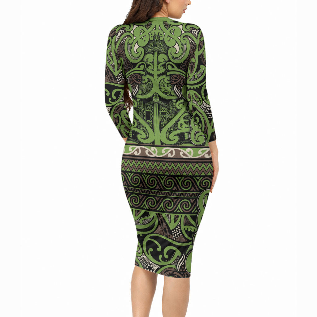 Aotearoa Iwi Ngati Raukawa Long Sleeve Bodycon Dress Maori Wharenui House Tribal Pattern