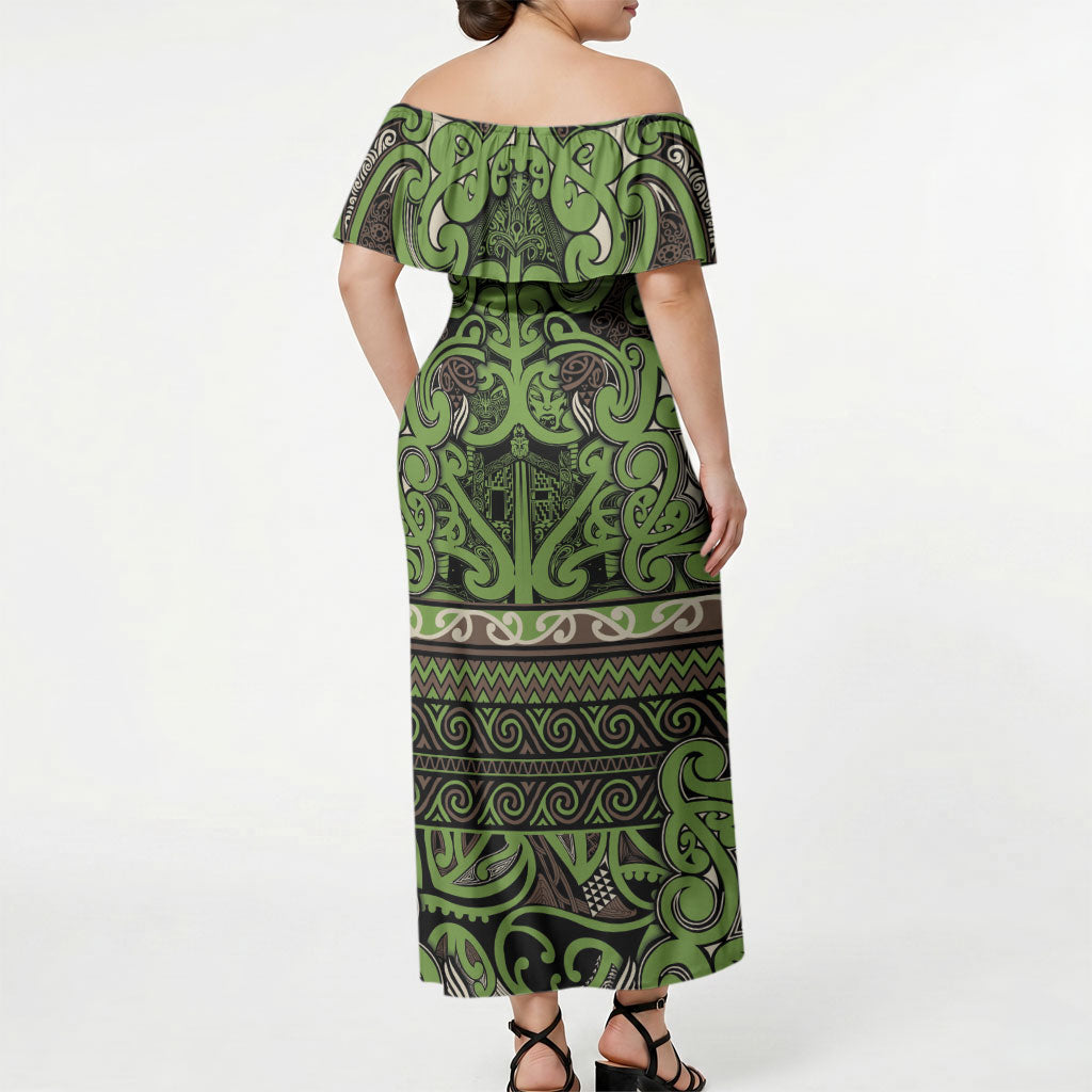 Aotearoa Iwi Ngati Raukawa Off Shoulder Maxi Dress Maori Wharenui House Tribal Pattern