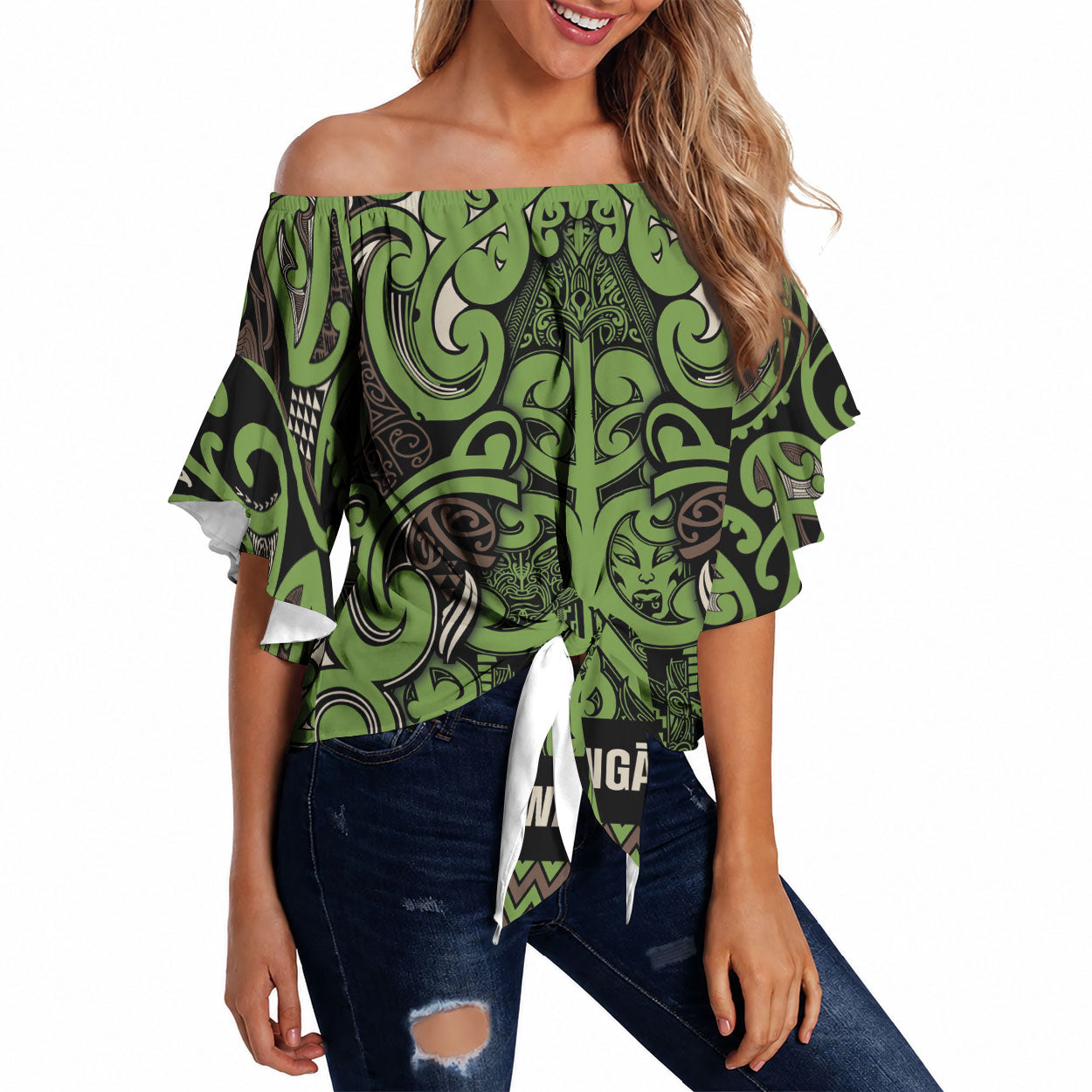 Aotearoa Iwi Ngati Raukawa Off Shoulder Wrap Waist Top Maori Wharenui House Tribal Pattern