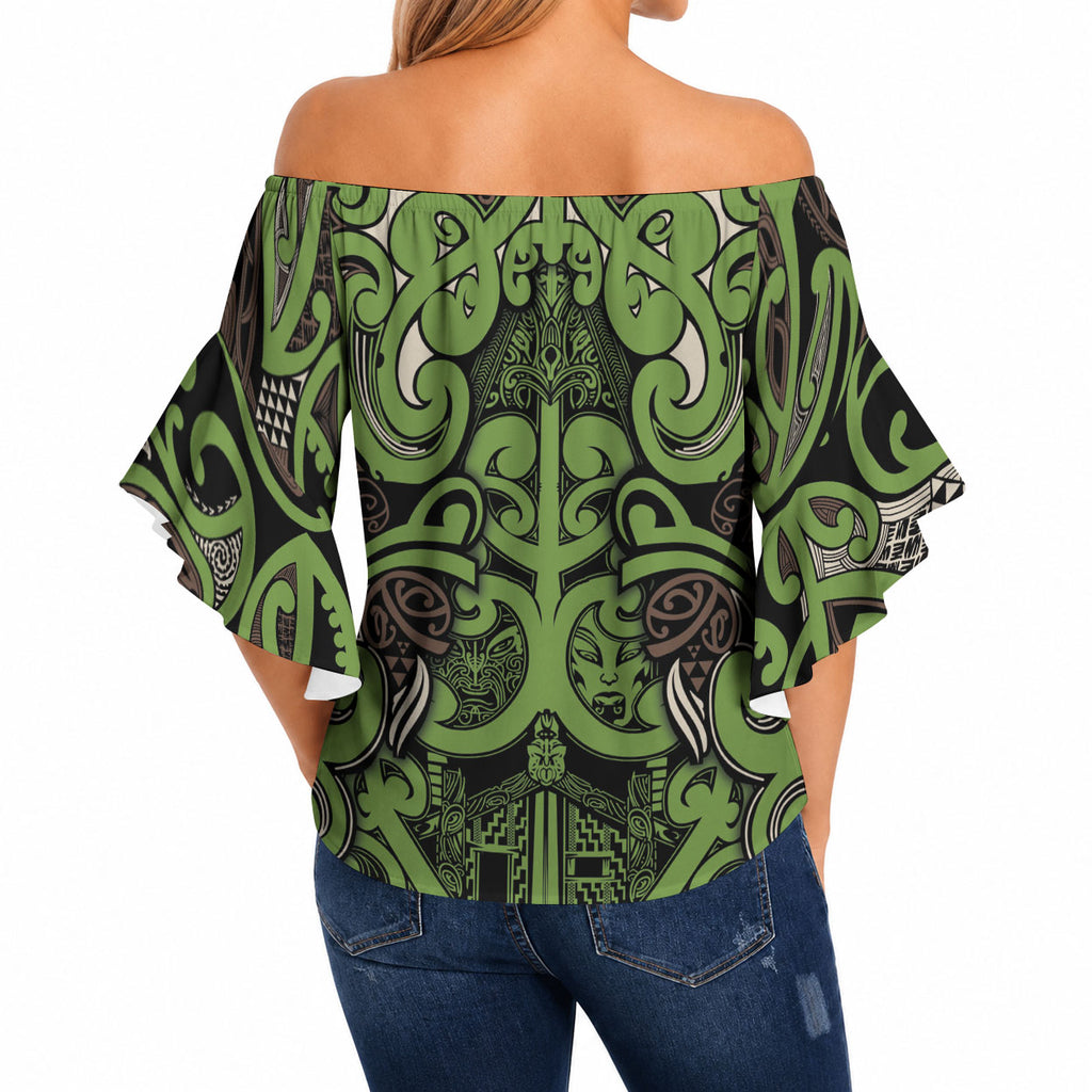 Aotearoa Iwi Ngati Raukawa Off Shoulder Wrap Waist Top Maori Wharenui House Tribal Pattern