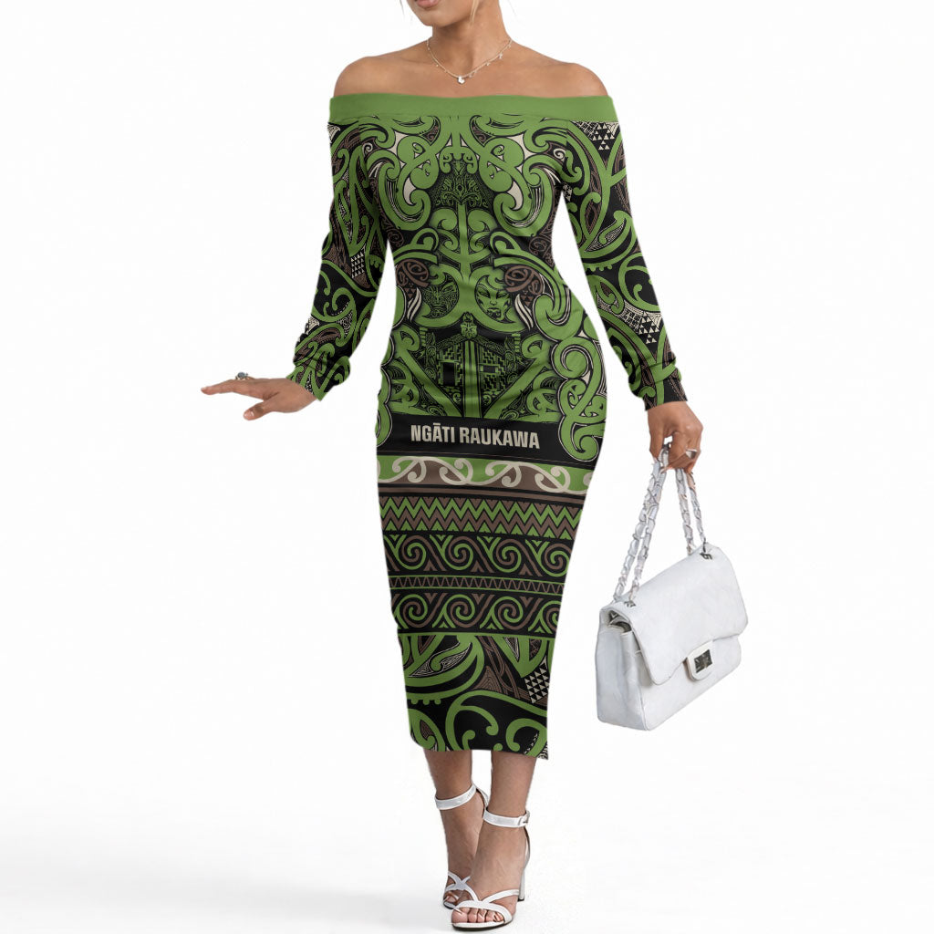 Aotearoa Iwi Ngati Raukawa Off The Shoulder Long Sleeve Dress Maori Wharenui House Tribal Pattern