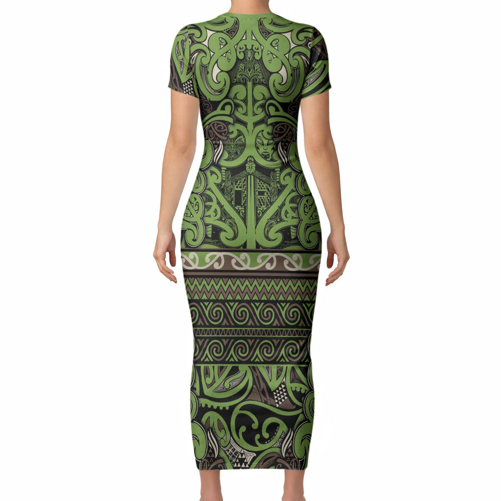 Aotearoa Iwi Ngati Raukawa Short Sleeve Bodycon Dress Maori Wharenui House Tribal Pattern