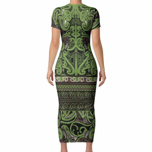 Aotearoa Iwi Ngati Raukawa Short Sleeve Bodycon Dress Maori Wharenui House Tribal Pattern