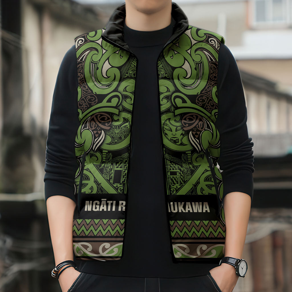 Aotearoa Iwi Ngati Raukawa Sleeveless Puffer Jacket Maori Wharenui House Tribal Pattern
