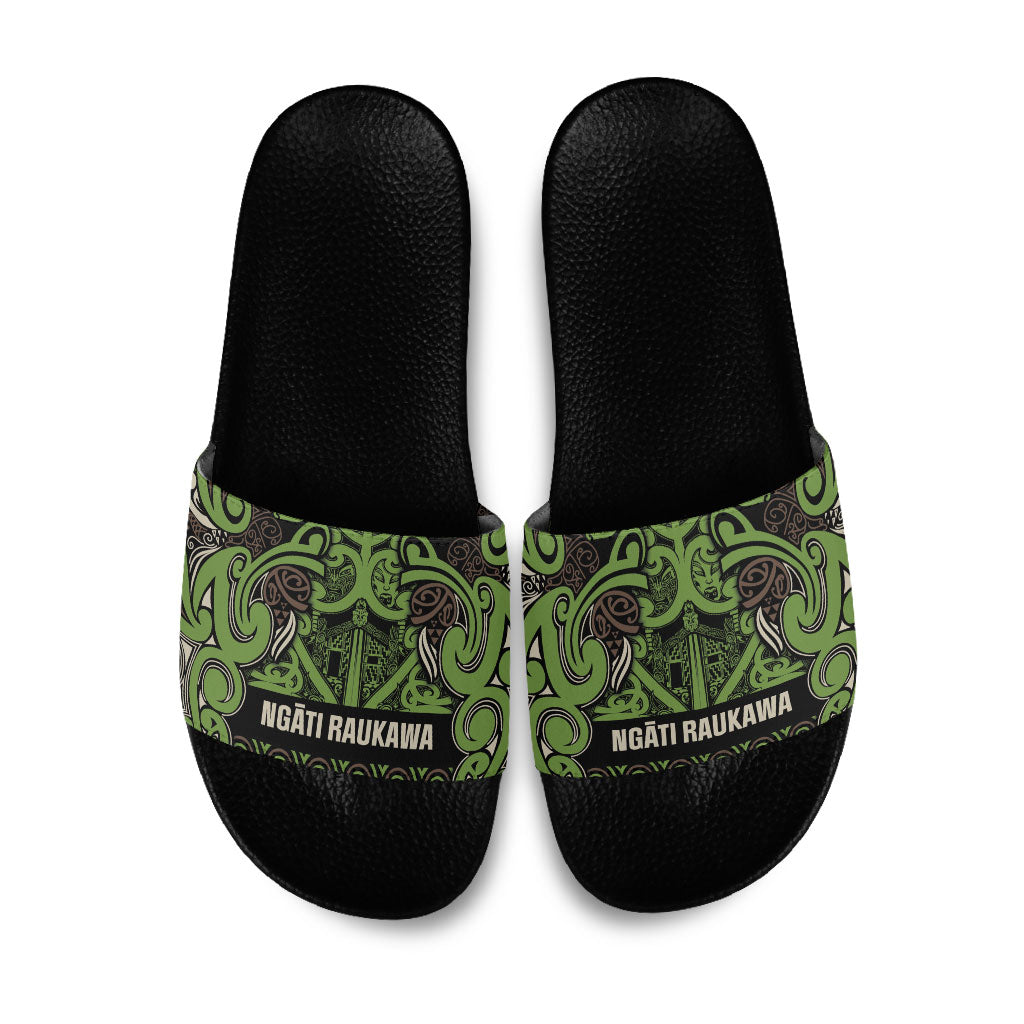 Aotearoa Iwi Ngati Raukawa Slide Sandals Maori Wharenui House Tribal Pattern