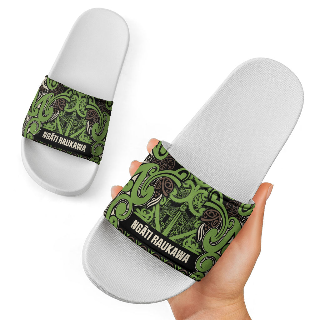 Aotearoa Iwi Ngati Raukawa Slide Sandals Maori Wharenui House Tribal Pattern
